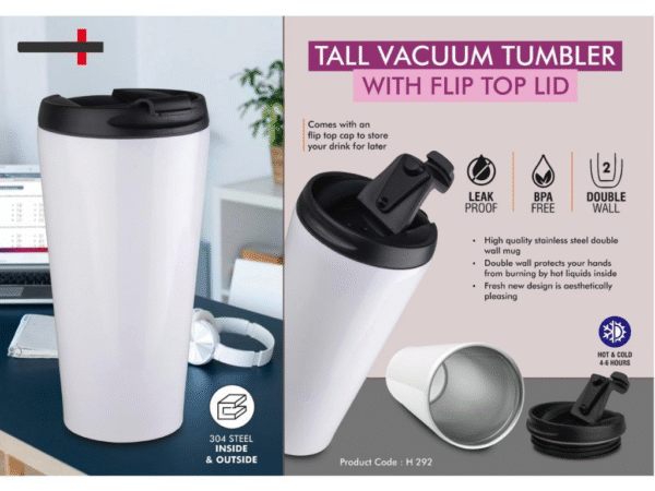 Stylish tall vacuum tumbler with flip top lid