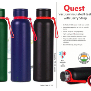 SGH Quest Vacuum Insulated Flask – 900 ml stainless steel flask with double-wall insulation, keeps drinks hot or cold for up to 18 hours. Comes with a stylish silicone strap and premium matte finish.