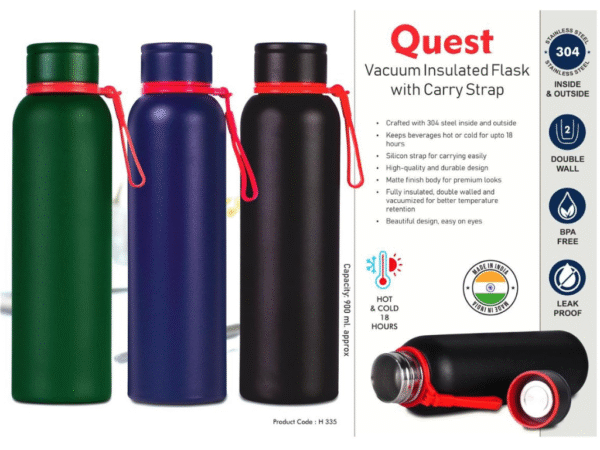 SGH Quest Vacuum Insulated Flask – 900 ml stainless steel flask with double-wall insulation, keeps drinks hot or cold for up to 18 hours. Comes with a stylish silicone strap and premium matte finish.