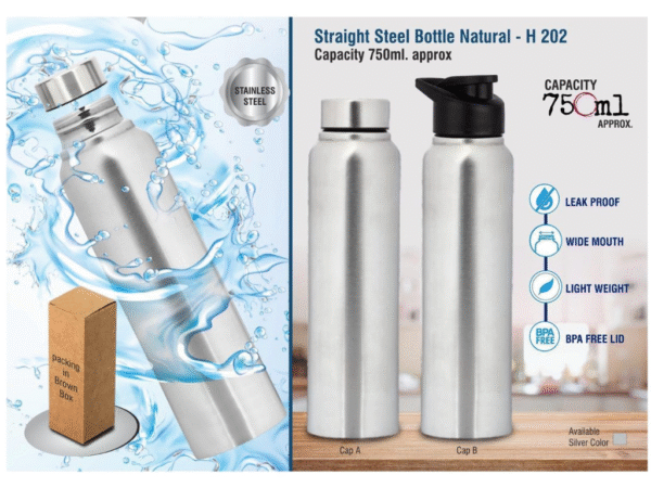 straight natural stainless steel bottle – 750ml